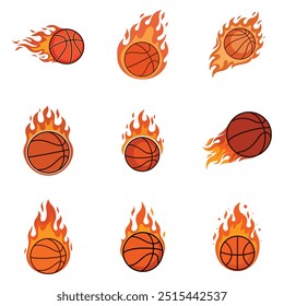 Set of Dynamic Flaming Basketball Icons with Fire Effects for Sports Design