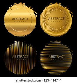 Set of dynamic golden grunge banners with metallic effect on black background. Labels set. Design element. Comet. Asteroid. Banner blot. Vector illustration.