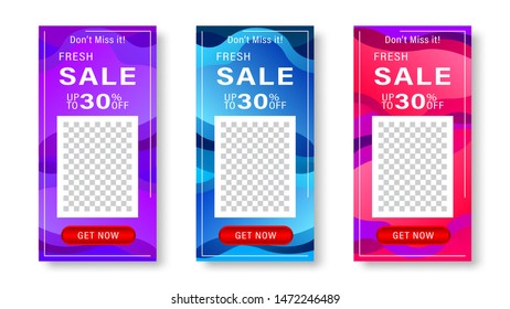 Set of dynamic gradient fluids modern background with place for photo. Banner for social media stories, web page, mobile phone. Sale template design special offer. Vector illustration.