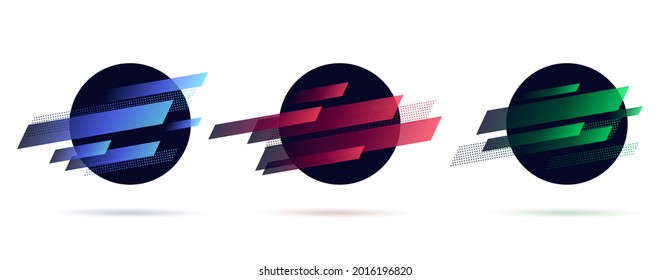 Set of dynamic graphic elements, circle shapes with random stripes, planet space abstract label