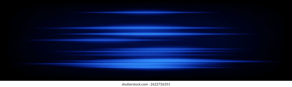 Set of dynamic horizontal blue neon speed lines glowing on dark background. Futuristic beams ideal for technology visuals, UI design, digital banners. EPS vector illustration.