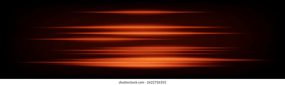 Set of dynamic horizontal orange neon speed lines glowing on dark background. Futuristic beams ideal for technology visuals, UI design, digital banners. EPS vector illustration.