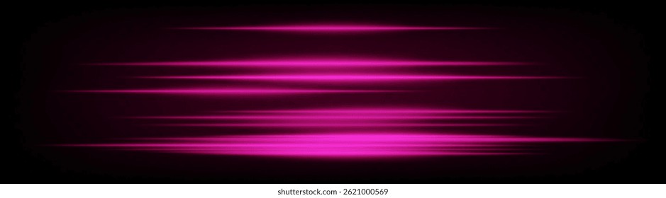 Set of dynamic horizontal pink neon speed lines glowing on dark background. Futuristic beams ideal for technology visuals, UI design, digital banners. EPS vector illustration.