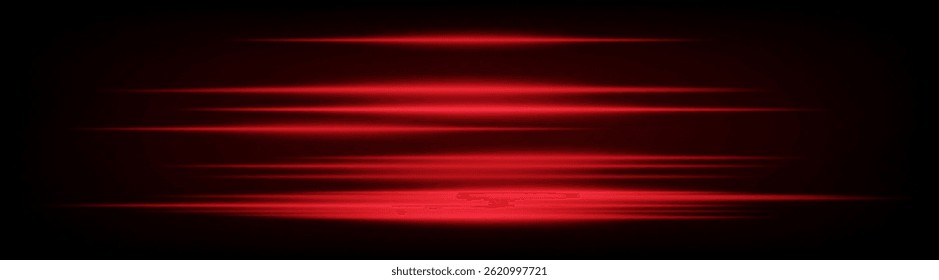Set of dynamic horizontal red neon speed lines glowing on dark background. Futuristic beams ideal for technology visuals, UI design, digital banners. EPS vector illustration.