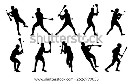 Set of Dynamic Hurling Player Silhouettes with Hurley Stick and Sliotar. Irish Traditional Gaelic Sports Vector