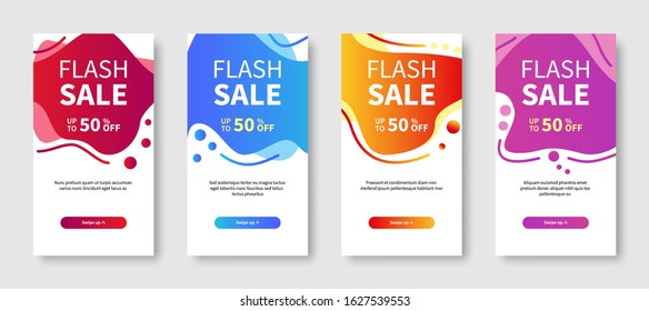 Set of dynamic modern abstract geometric and liquid mobile banners for flash sale. Special offer and sale at a discount. Liquid mobile concept. Editable text design template vector character set