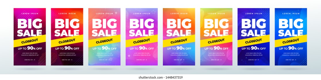 Set of dynamic modern fluid sale banners for social media stories sale, web page, mobile phone. Sale banner template design special offer set.