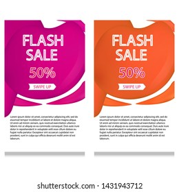 set of dynamic modern geometric and liquid mobile for flash sales of banners. Purple and orange colors, mesh Special offer and sale at a discount of up to 50 on a template design with editable text.