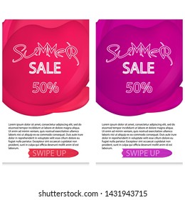 set of dynamic modern geometric and liquid mobile for summer sales of banners. Purple and red colors, mesh Special offer and sale at a discount of up to 50 on a template design with editable text.
