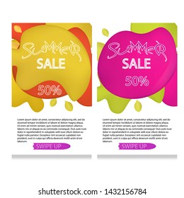 set of dynamic modern geometric and liquid mobile for summer sales of banners.Green yellow and pink colors,  Special offer and sale at a discount of up to 50 on a template design with editable text