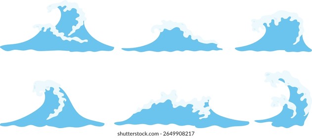Set of Dynamic Ocean Wave Illustrations with Foam Flat Vector for Marine Scene, Surfing Design, and Sea Theme Decoration