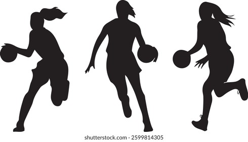 Set of Dynamic Silhouette of Female Basketball Players in Action