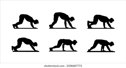 Set of Dynamic Silhouettes Featuring a Man in Push-Up Exercise - Vector Set