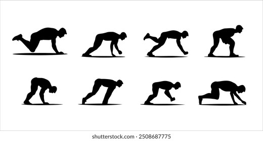 Set of Dynamic Silhouettes Featuring a Man in Push-Up Exercise - Vector Set