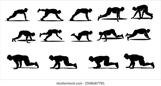 Set of Dynamic Silhouettes Featuring a Man in Push-Up Exercise - Vector Set