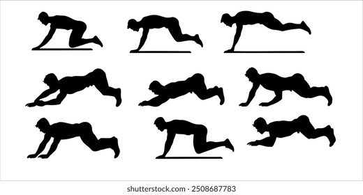 Set of Dynamic Silhouettes Featuring a Man in Push-Up Exercise - Vector Set