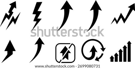 set of dynamic upward arrows and lightning bolt symbols, growth icons for business success, energy, and accelerated progress infographic elements