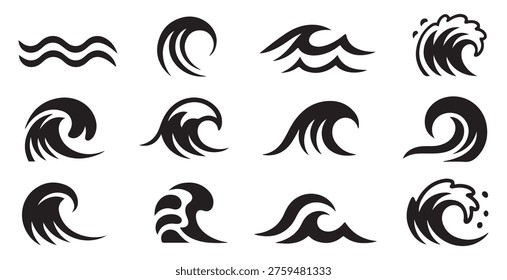 Set of dynamic wave symbols, water crests, and ocean splashes for aquatic design elements