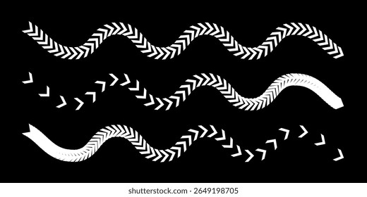 Set of dynamic wavy arrow racetracks in black and white, abstract chevron lines for speed, motion, or flow concepts