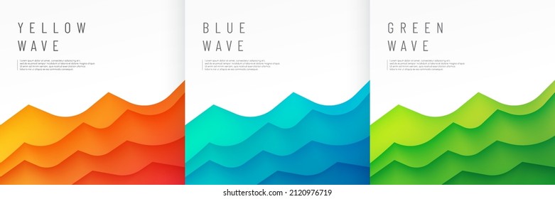 Set of dynamic yellow, blue and green wavy curve lines layers on white background. Modern vibrant color background. Design for banner, cover, web, flyer, card, poster, wallpaper. Vector illustration.