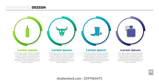 Set Dynamite bomb, Buffalo skull, Cowboy boot and Canteen water bottle. Business infographic template. Vector