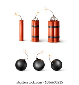 Set of Dynamite Bomb with Burning Wick and black sphere bomb. Military Detonate Weapon. Vector illustration