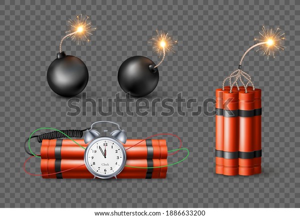 Set of Dynamite\
Bomb with Burning Wick and black sphere bomb. Military Detonate Red\
Weapon. Vector illustration\
