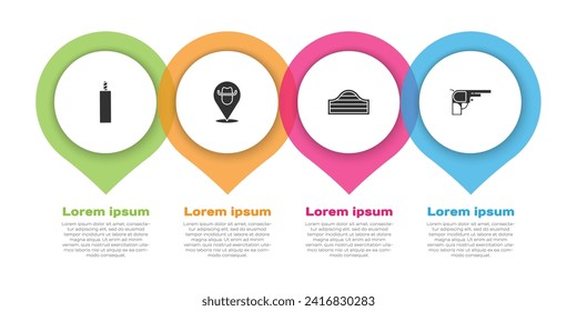 Set Dynamite bomb, Location cowboy, Saloon door and Revolver gun. Business infographic template. Vector