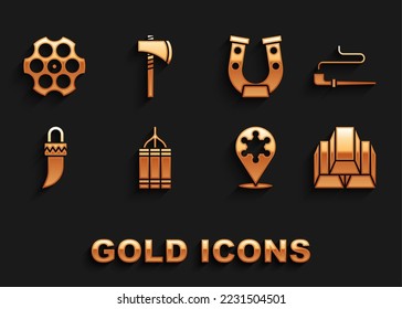 Ponga una bomba dinamita, un tubo de humo, barras de oro, sheriff de hexagram, diente, herradura, cilindro de Revolver y un icono del hacha de Tomahawk. Vector