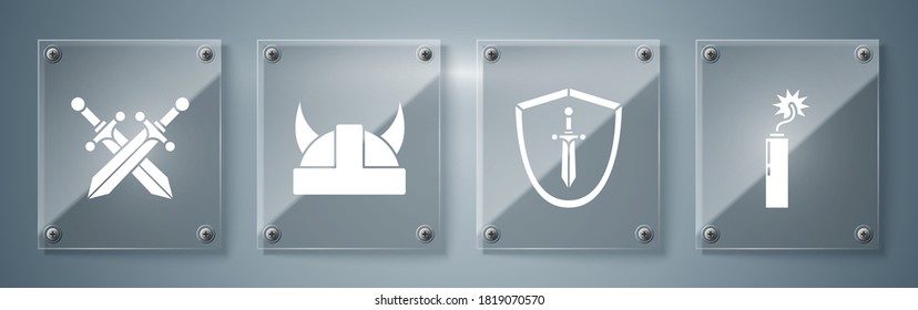 Poner reloj dinamita con palo de bomba, escudo medieval con espada, Viking con casco con cuernos y espada medieval cruzada. Paneles de vidrio cuadrado. Vector