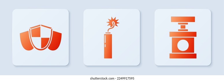 Setzen Sie Dynamite-Bombe-Takt, Schild und Handle-Detonator für Dynamit. Weißer Quadrat-Knopf. Vektorgrafik