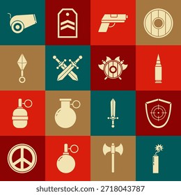 Definir relógio dinamite bomba, Alvo esporte, Bala, Pistola arma, Espada medieval cruzada, japonês ninja shuriken, Canhão e escudo medieval com machados cruzados ícone. Vetor