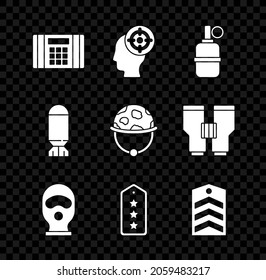 Poner bombas dinamitas, Deporte objetivo, granada de mano, Balaclava, Rango militar, Chevron, Aviación e ícono de casco. Vector