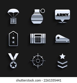 Setzen Sie Dynamitbombe, Zielsport, Militärrang, Beret, Belohnungsmedaille, Armee und Airdrop-Box Symbol. Vektorgrafik