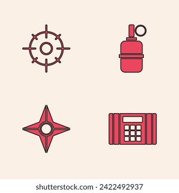Set Dynamite bomb, Target sport, Hand grenade and Japanese ninja shuriken icon. Vector