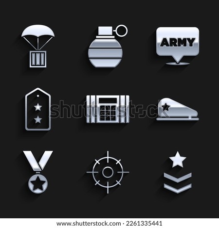 Set Dynamite bomb, Target sport, Military rank, beret, reward medal, army and Airdrop box icon. Vector
