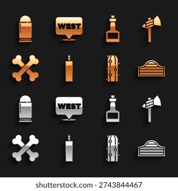 Set Dynamite bomb, Tomahawk axe, Saloon door, Cactus, Crossed human bones, Tabasco sauce, Bullet and Pointer to wild west icon. Vector
