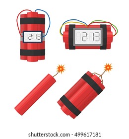 Set dynamite bombs explosion with timer detonate and wire, dynamite with burning wick isolated on white background. Vector dynamite bomb danger explosive weapon in flat style. Aggression terrorism.