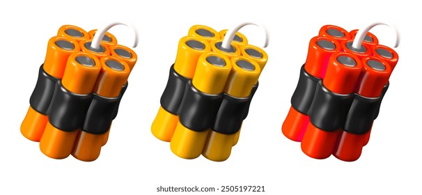 Set of dynamite charges of different colors. Explosives vector templates