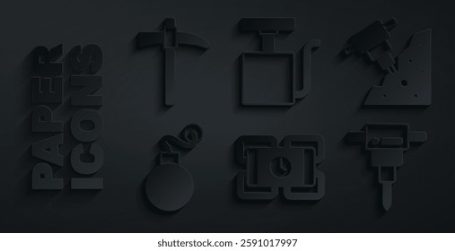 Set Dynamite, Construction jackhammer, Bomb, Handle detonator and Pickaxe icon. Vector