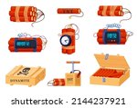 Set of dynamite and explosives with burning wick and timers. Dangerous explosives. Vector illustration on white background.