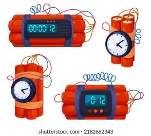 Set of dynamite and explosives with timers. Dangerous explosives. Vector illustration on white background.