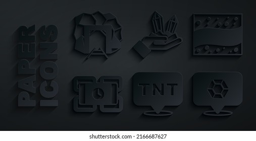 Indique Dinamita, Mina de Oro, Piedra Gem e Icono de entrada Mina. Vector