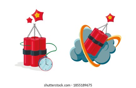 Set of dynamite icons isolated on white background. Red sticks with explosion timer and burning fuses. Vector illustration of danger icon and explosive objects 