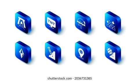 Set Dynamite, Miner helmet, Gold bars, Bucket wheel excavator, Gem stone, Construction jackhammer,  and entrance icon. Vector