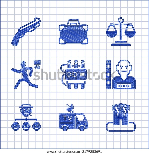Set Dynamite and timer clock, TV News car, Arson\
home, Suspect criminal, Mafia, Murder, Scales of justice and Police\
shotgun icon. Vector