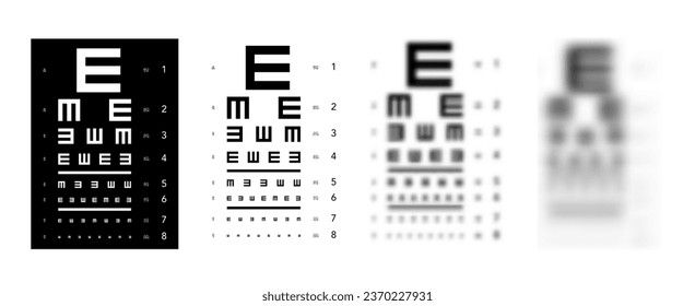 Set of E chart Eye Test Chart tumbling medical illustration. line vector sketch style outline isolated on white background. Vision board ophthalmic for visual examination Checking optical glasses