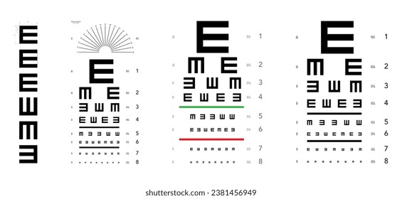 Set of E chart Eye Test Chart tumbling medical illustration. Line vector sketch style outline isolated on white background. Vision board optometrist ophthalmic for examination Checking optical glasses