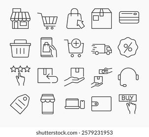 Set of E - commerce icons in simple thin line. Collection of icon related to shopping and market, including store, cart, box, card , review, delivery, cash on delivery, etc. Editable stroke