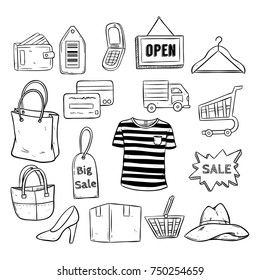 set of e commerce online shopping icons with doodle style